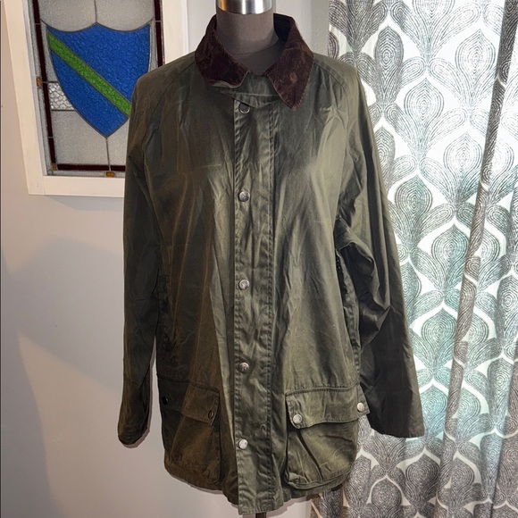 J McLaughlin Waxed Cotton Chore Coat SZ Medium Olive Green Plaid Lining - Picture 2 of 10